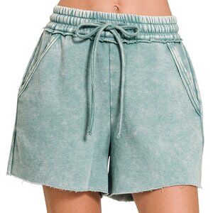 NWT Ladies Ash Blue Acid Wash Fleece Drawstring Shorts with Pockets - Medium